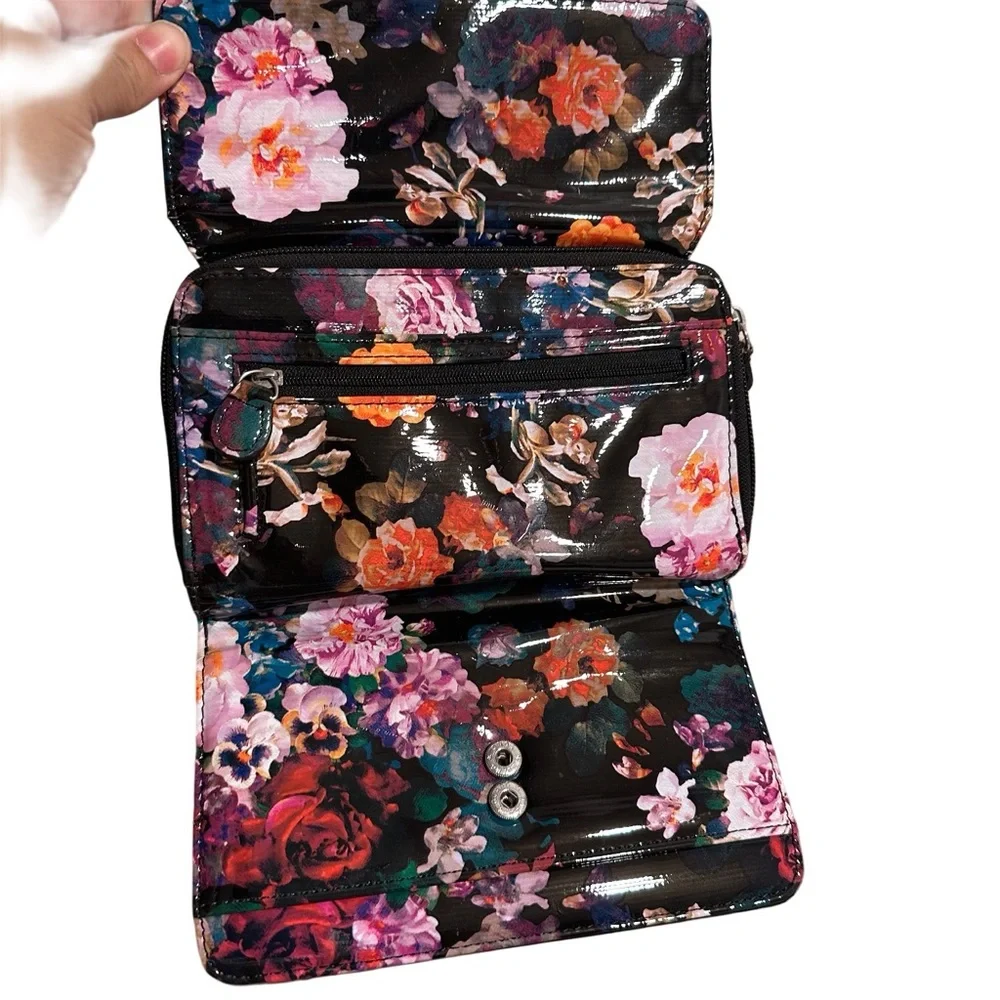 Patent Leather Floral Wallet Clutch in Black with Pink & Orange Flowers GUC